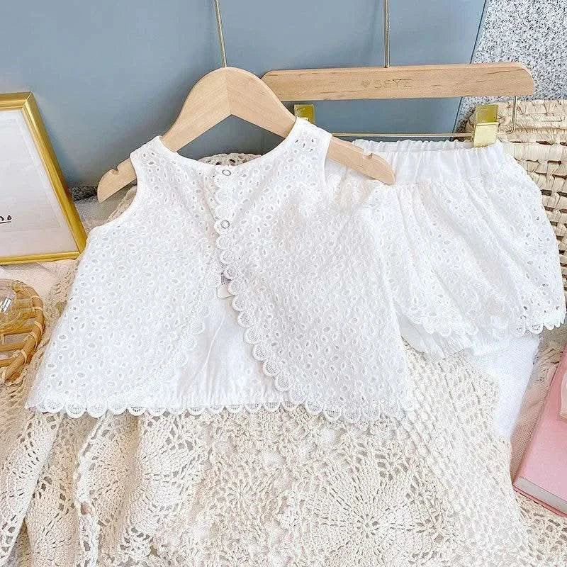 2PCS Kids Sets Summer Girl Clothes Children Hollow Lace Sleeveless Tops Shorts Set Fashion Baby Girl Cardigan Fake Two Suit - M & M Global