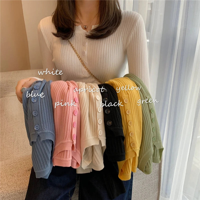 2025 Knitted Women Sweater Button O-neck Pullovers Spring Autumn Basic Sweaters for Female Pullover Slim Solid Bold Stripes Tops