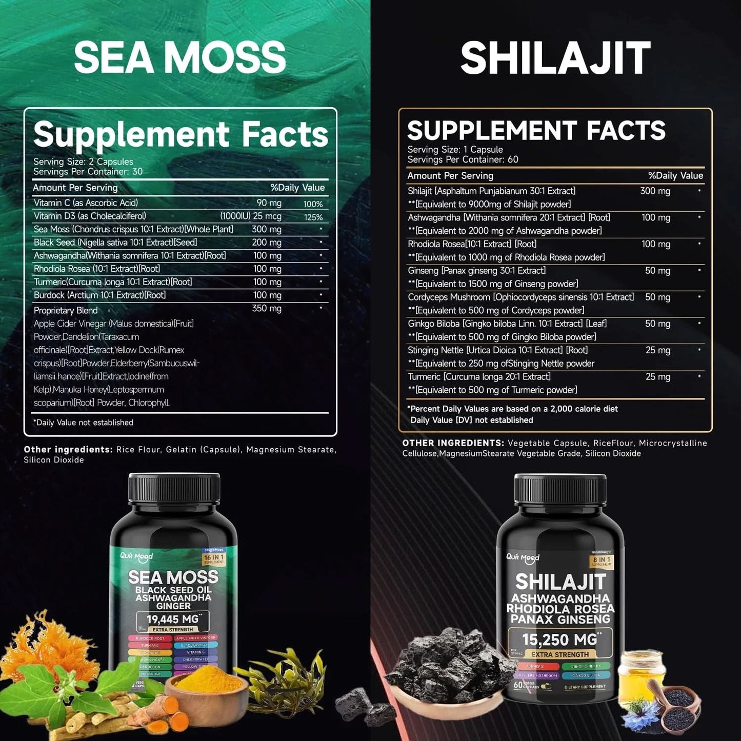Sea Moss and shilajit Bundle 120 capsules, with Seamoss, Black Seed Oil, Ashwagandha, Ginger, Burdock Root, Turmeric, Black Pepp - M & M Global