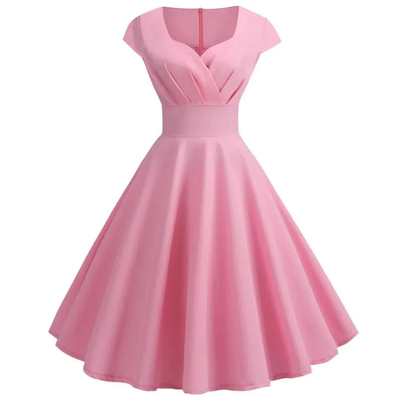 Pink Summer Dress Women V Neck Vintage Robe Elegant Retro pin up Party Office Midi Dresses - M & M Global