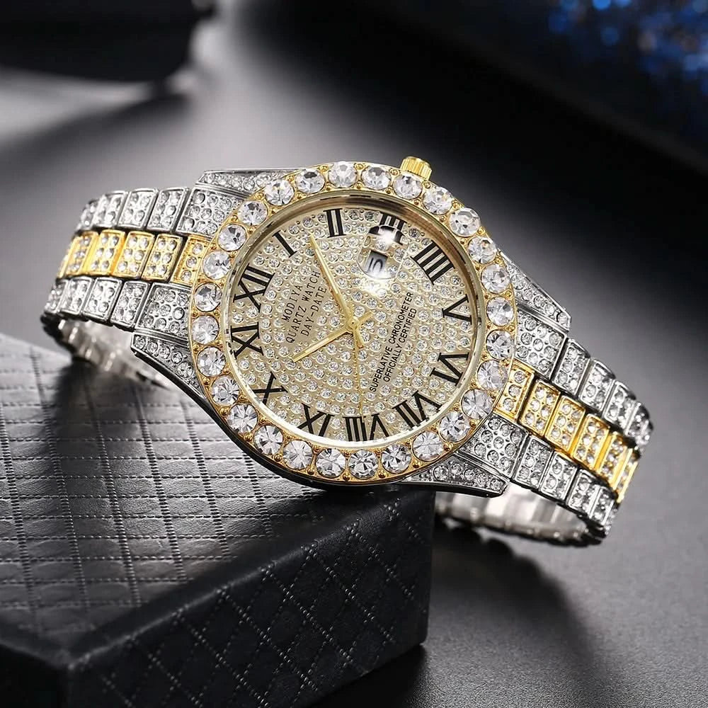 Hip Hop Iced Out Men Watch Full AAA Rhinestone Around Luxury Quartz Watches Round Clock Unisex Wrist Watch Gift For Boyfriend - M & M Global