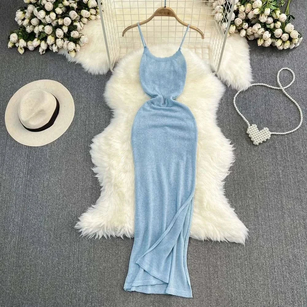 Blue/purple Summer Knit Sexy Strap Dress Women Tank Elatic Waist Bodycon Sundress Female Beach Split Backless Maxi Long Dress - M & M Global