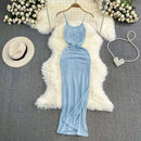 Blue/purple Summer Knit Sexy Strap Dress Women Tank Elatic Waist Bodycon Sundress Female Beach Split Backless Maxi Long Dress - M & M Global
