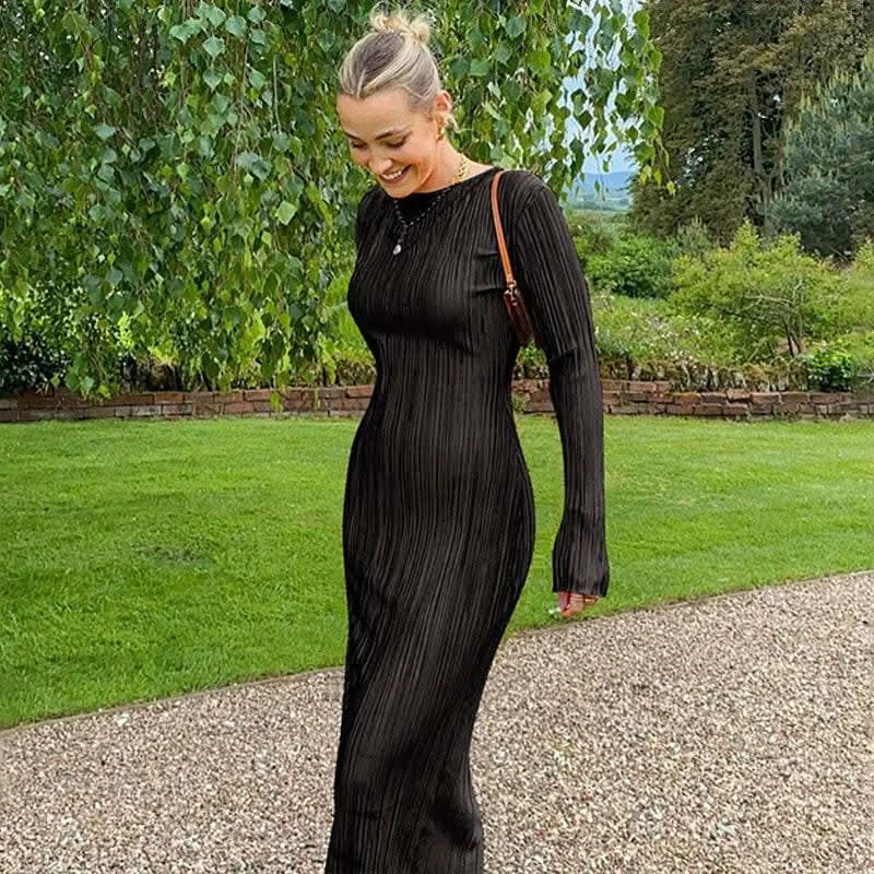Dulzura Women 2024 Spring Autumn Fashion Long Sleeve Streetwear Bodycon Black Long Dress Wholesale Items For Business - M & M Global