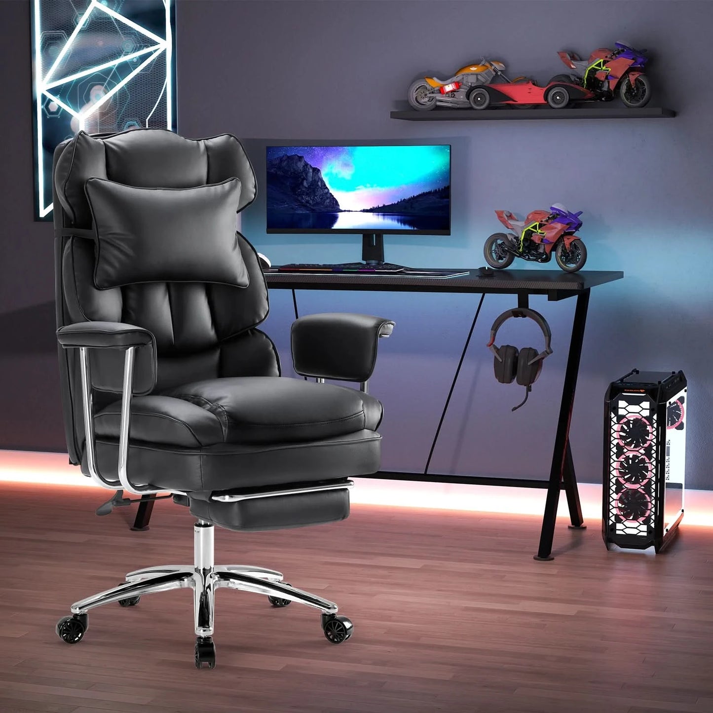 JHK PU Leather Ergonomic Office Computer Desk Chair High Back with Footrest Lumbar Support Height Adjustable For Home Office