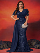 Plus Size Elegant Short Sleeve Sequins Formal Evening Dresses Women Luxury Mermaid Wedding Party Bridesmaid Gowns