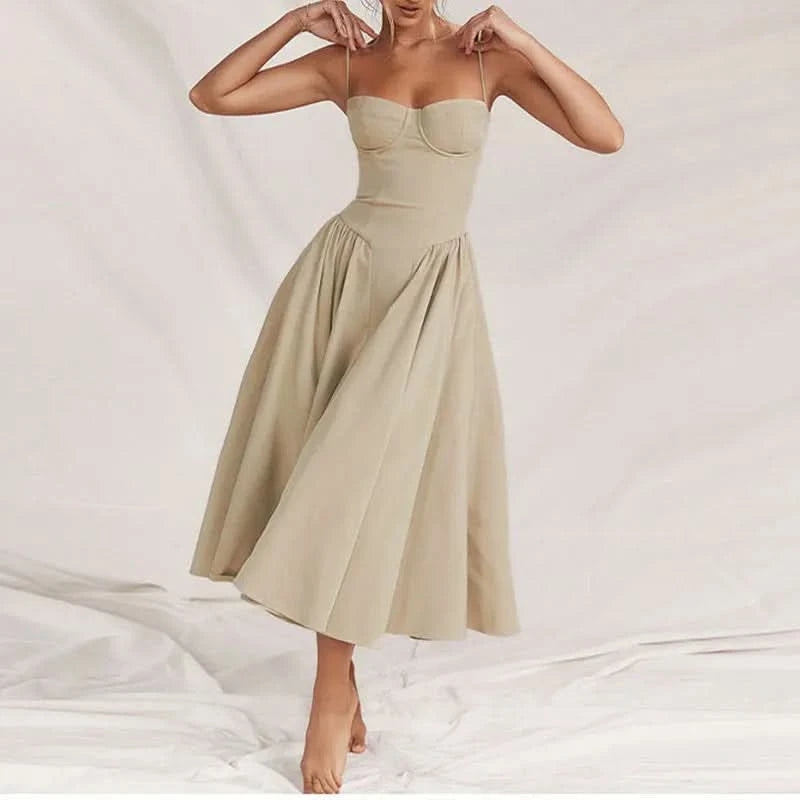 Summer Women Elegant Sleeveless Backless Pleated Dresses Lady Sexy Solid Sling Midi Dress 2024 Female Party Evening A-line Robes - M & M Global