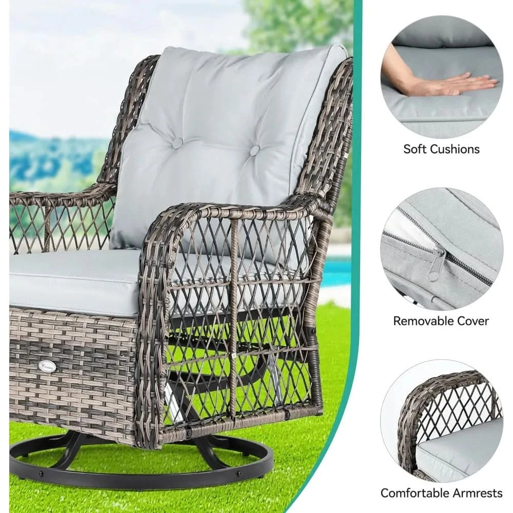 3 Piece Patio Outdoor Swivel Glider Rocker Wicker Patio Bistro Rocking Set with Wood-Grain Table for Garden, Backyard and Balco
