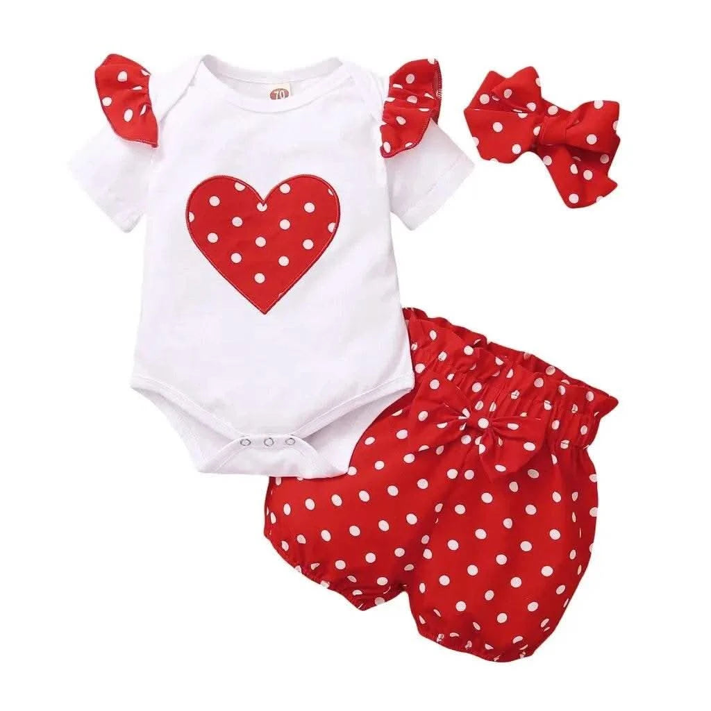 Baby Girl 0-18 Months 3PCS Clothing Set Love Short Sleeve Romper+Polka Dot Shorts+Headband Summer Daily Casual Newborn Baby Girl - M & M Global