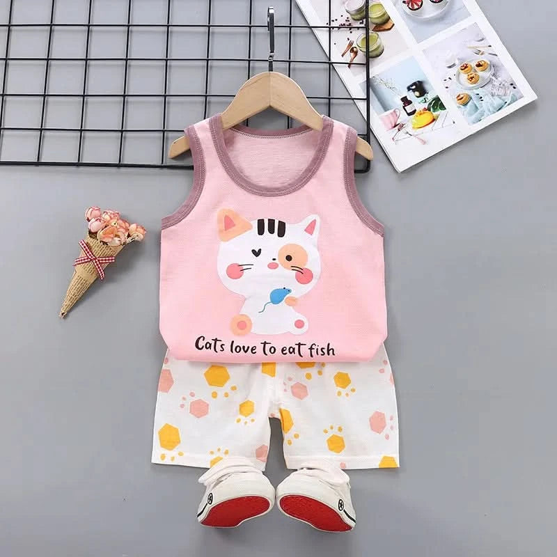 Summer Cute Cartoon 2PCS Kids Baby Boys Girls Cartoon Vest Top Shorts Pants Set Clothes Children Pajamas Girls Clothing Sets - M & M Global
