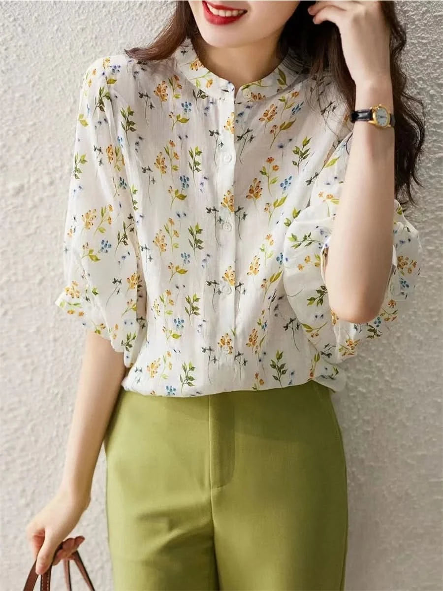 Women Summer Style Blouses Tops Lady Casual Short Puff Sleeve Stand Collar Flower Printed Blusas Tops SP1496 - M & M Global
