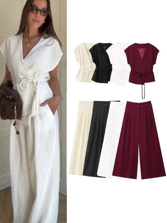 TFMLN Fashion Women's Trouser Suits Sleeveless V-Neck Top With Belt Straight Pants Sets 2025 Spring Summer Commuter 2 Piece Set - M & M Global