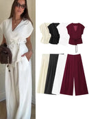 TFMLN Fashion Women's Trouser Suits Sleeveless V-Neck Top With Belt Straight Pants Sets 2025 Spring Summer Commuter 2 Piece Set - M & M Global