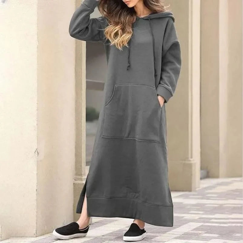 Autumn and Winter New Loose Size Knitted Hooded Long Dress Plush Casual Fashion Dress Large Pocket Skirt Women's Wear - M & M Global