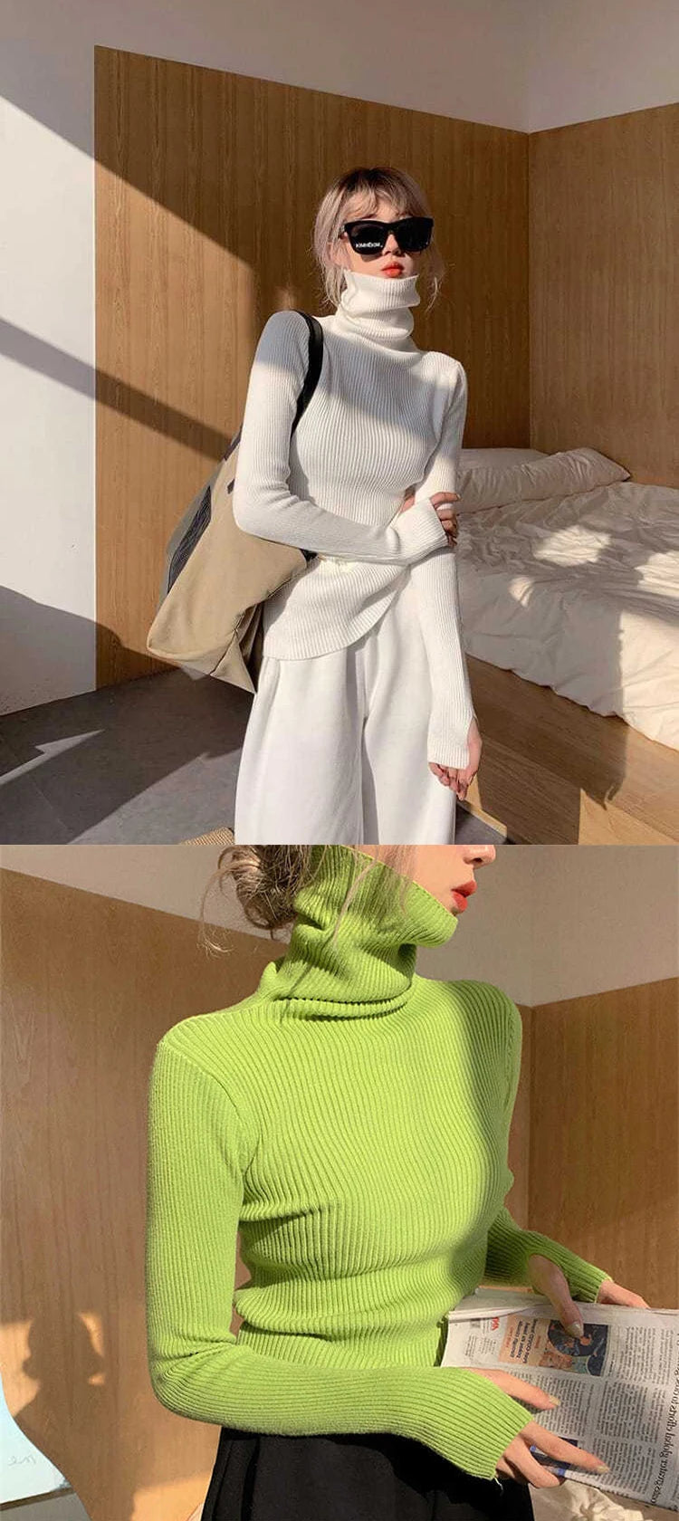Knitted Sweater Women Korean Version Turtleneck Sweater Winter Solid Color Pullover Slimming Interior Lapping Warm Basic Tops
