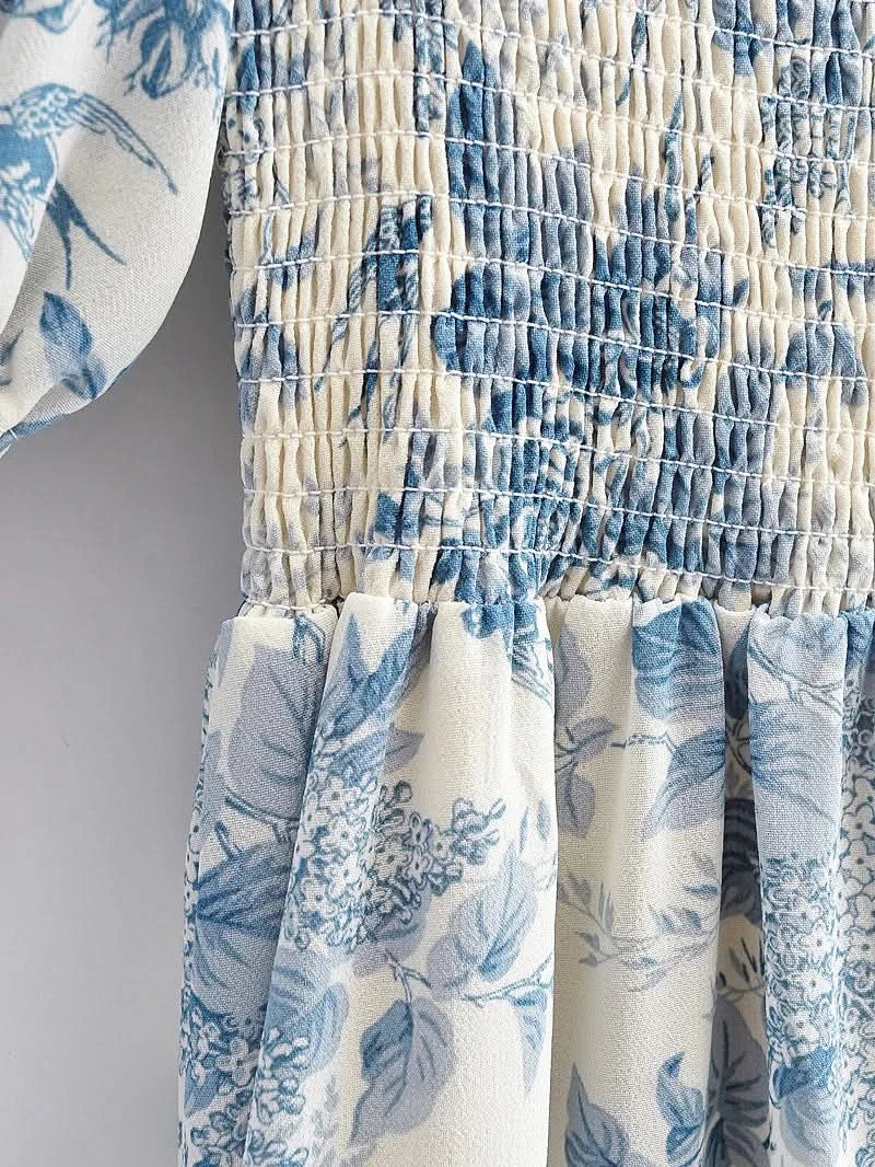 Summer Off-the-shoulder Short Sleeved Floral Split Long Chiffon Dress Swallows Print Fit and Flared Sweet  Ruffles Long Dress - M & M Global