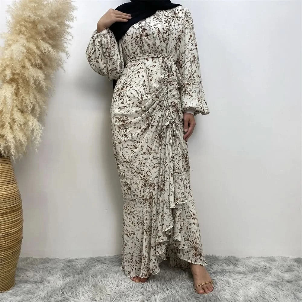 Muslim Women's dress Casual print bark crepe long dress Zipper collar long sleeves loose Muslim maxi dress - M & M Global
