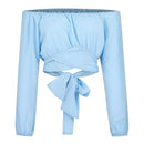Women Sexy Off Shoulder Blouse Chic and Elegant Printing Lantern Long Sleeve Lace Up Bow Cropped Tops Casual Slim Shirts 2024