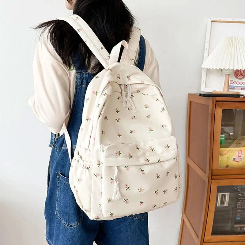 Student School Backpack Floral White School Bags For Teenage Girls Cute Women's Backpack Book Bag Nylon Rucksack - M & M Global