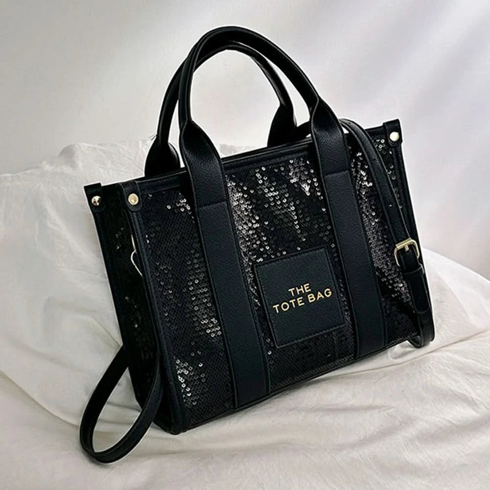 New The Tote Bag Letter Printed Sequins Top-Handle Bag Women Leather Handbag Luxury Designer Glitter Shoulder Crossbody Bag - M & M Global
