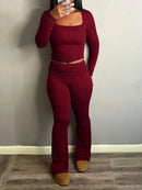 2025 latest women's two-piece set casual comfortable square neck long sleeve top and solid color pants
