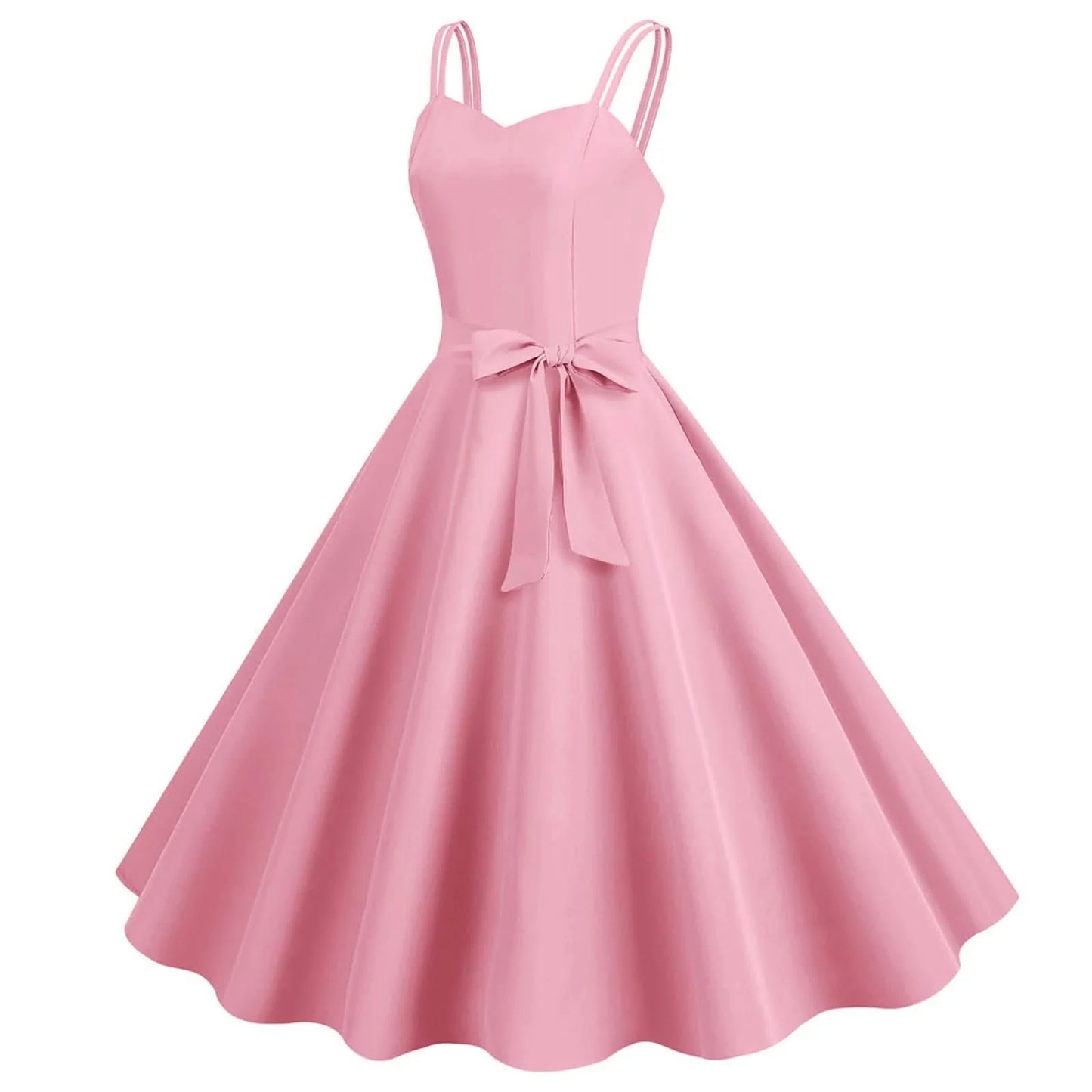 Women Casual Sleeveless Evening Party Prom Dress Strap A Line Large Swing Dress Solid Belted Waist Dresses For Wedding Guest - M & M Global