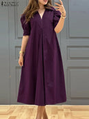 ZANZEA Fashion V-neck Pleated Dresses Women Solid Puff Short Sleeve Midi Dress 2024 Summer Elegant Street Loose Dress Oversized