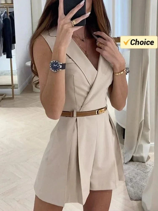 Summer Fashion New Women's Lapel Suit Jumpsuit OL Professional Commuting Women's Office Style Shorts Formal Jumpsuit - M & M Global