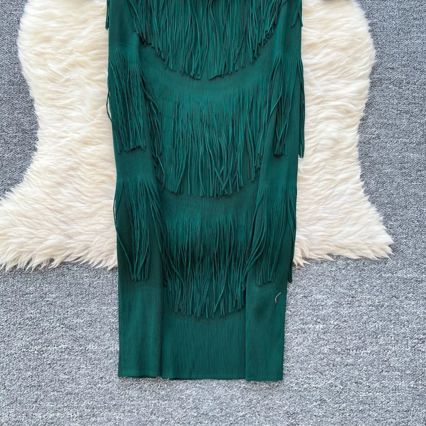 Vintage O-Neck Elegant Long Lantern Sleeve Chic Tassel Slim Long Dress French Fashion Evening High Street Autumn Winter Clothing - M & M Global