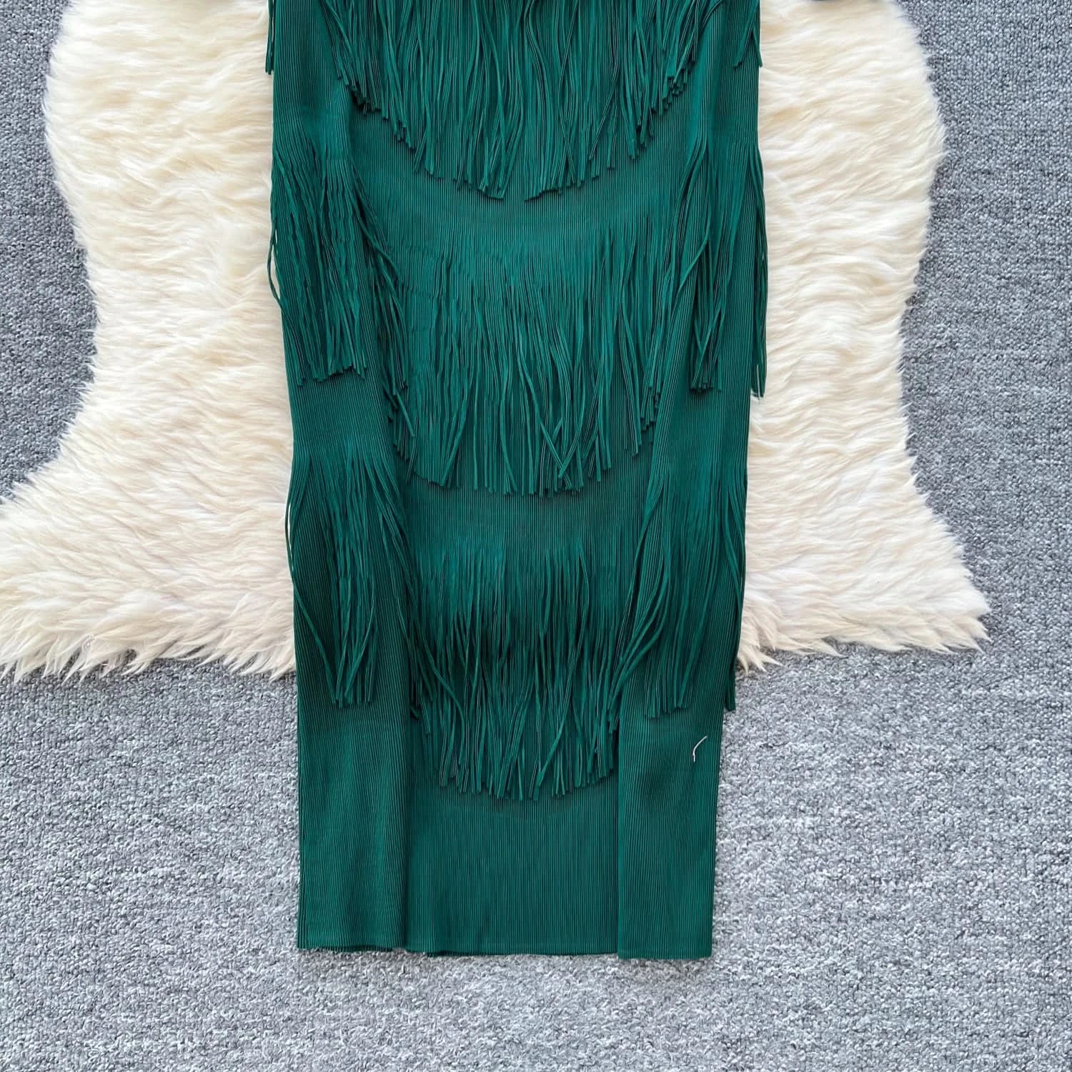 Vintage O-Neck Elegant Long Lantern Sleeve Chic Tassel Slim Long Dress French Fashion Evening High Street Autumn Winter Clothing - M & M Global