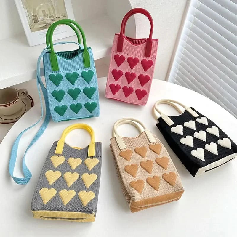 Korean Fashion Heart Knitted Mini Square Handbag for Women Small Mobile Phone Shoulder Bags Girls Cute Outdoor Crossbody Bags - M & M Global