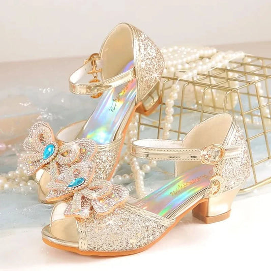 Summer Girls Sandals With Heel Fashion Rhinestone Shiny Glitter Shoes Children Princess Bowtie Pearl Dancing Shoes H876 - M & M Global