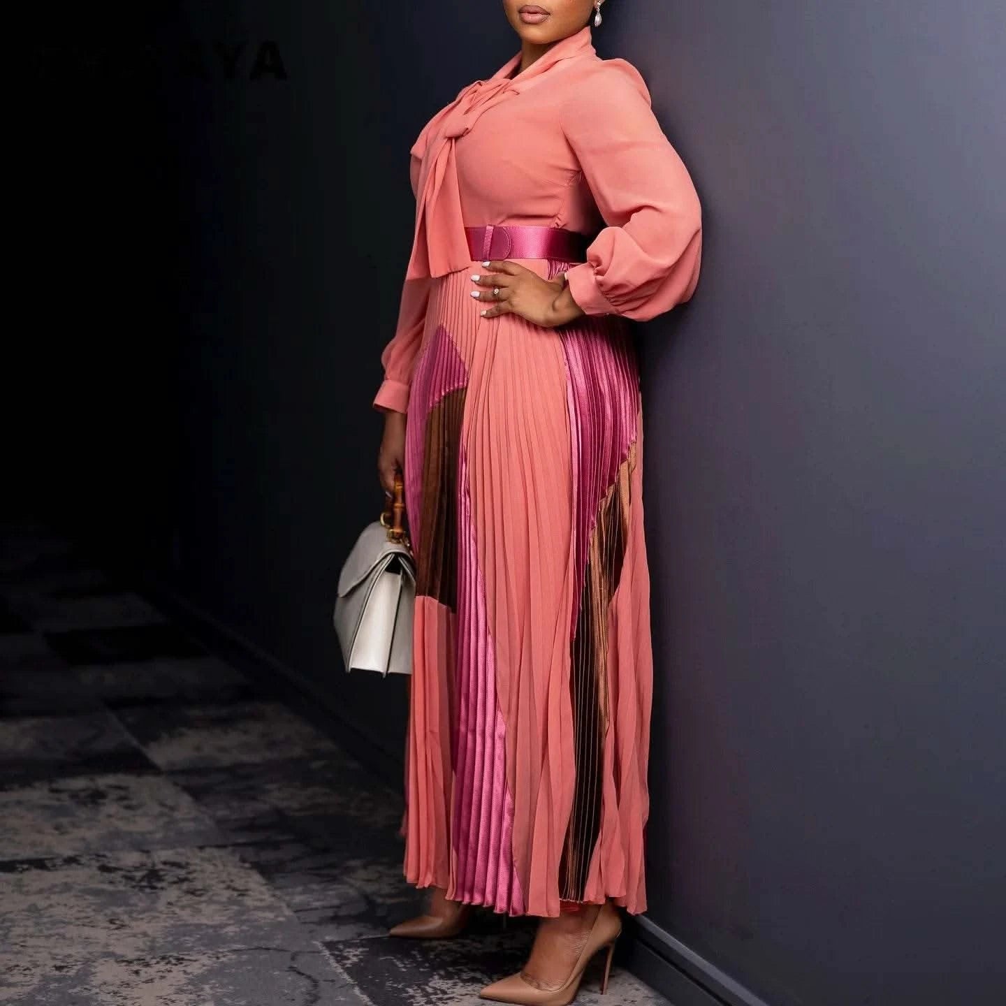 CM.YAYA Elegant Women Wraped Bow Neck Long Sleeve with Sashes Maxi Long Dress Chic INS Sexy Party Prom Big Swing Pleated Dresses - M & M Global