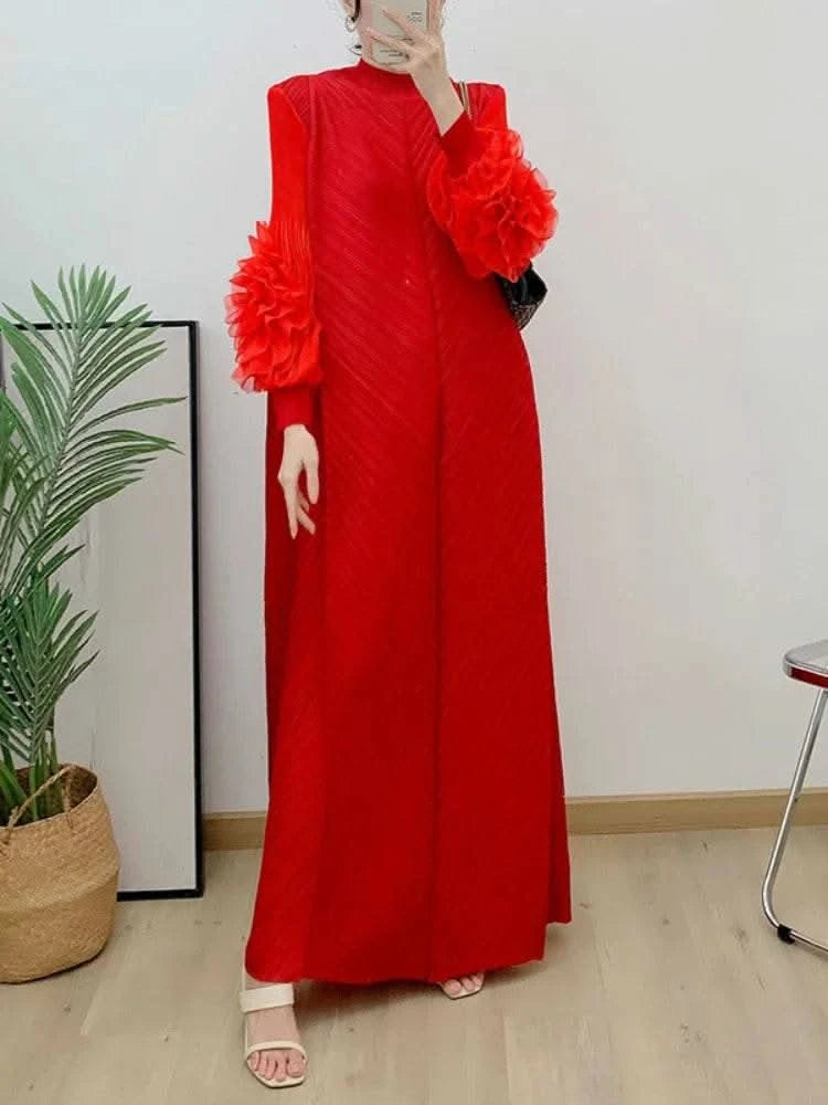 ANLAN Miyake Pleated Maxi Long Dress Mesh Petal Sleeve Half Turtleneck Formal Dresses for Women 2024 New Hot Sales 6KK9927 - M & M Global