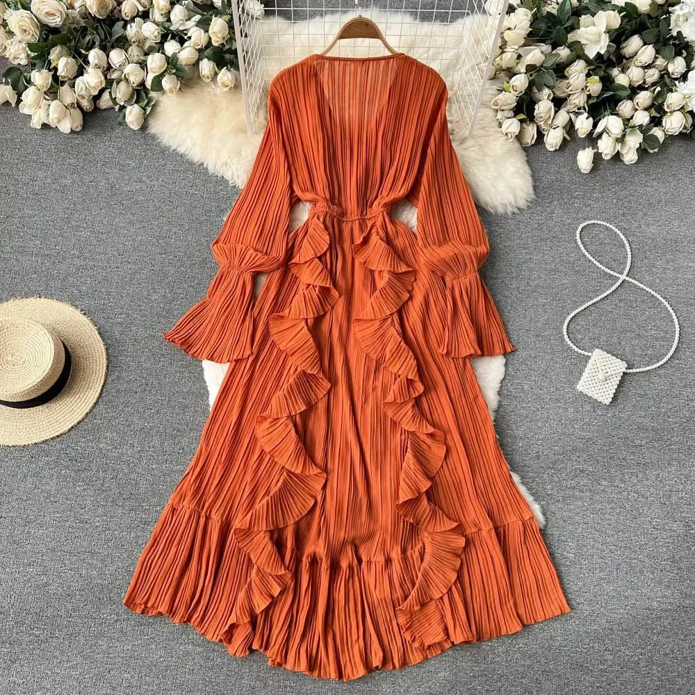 Purple/Brown/Red Chiffon Pleated Long Dress Women Vintage V-Neck Flare Sleeve Draped Ruffle Vestido Female Maxi Robe Spring Fall - M & M Global