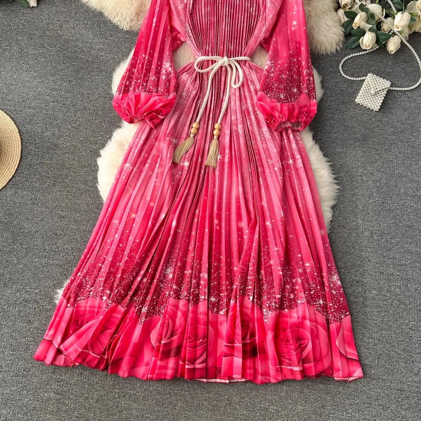 Spring Holiday Print Long Dress For Women Fashion Loose Lantern Sleeve Party Robe Female Big Swing Tassels Belt Pleated Clothes - M & M Global