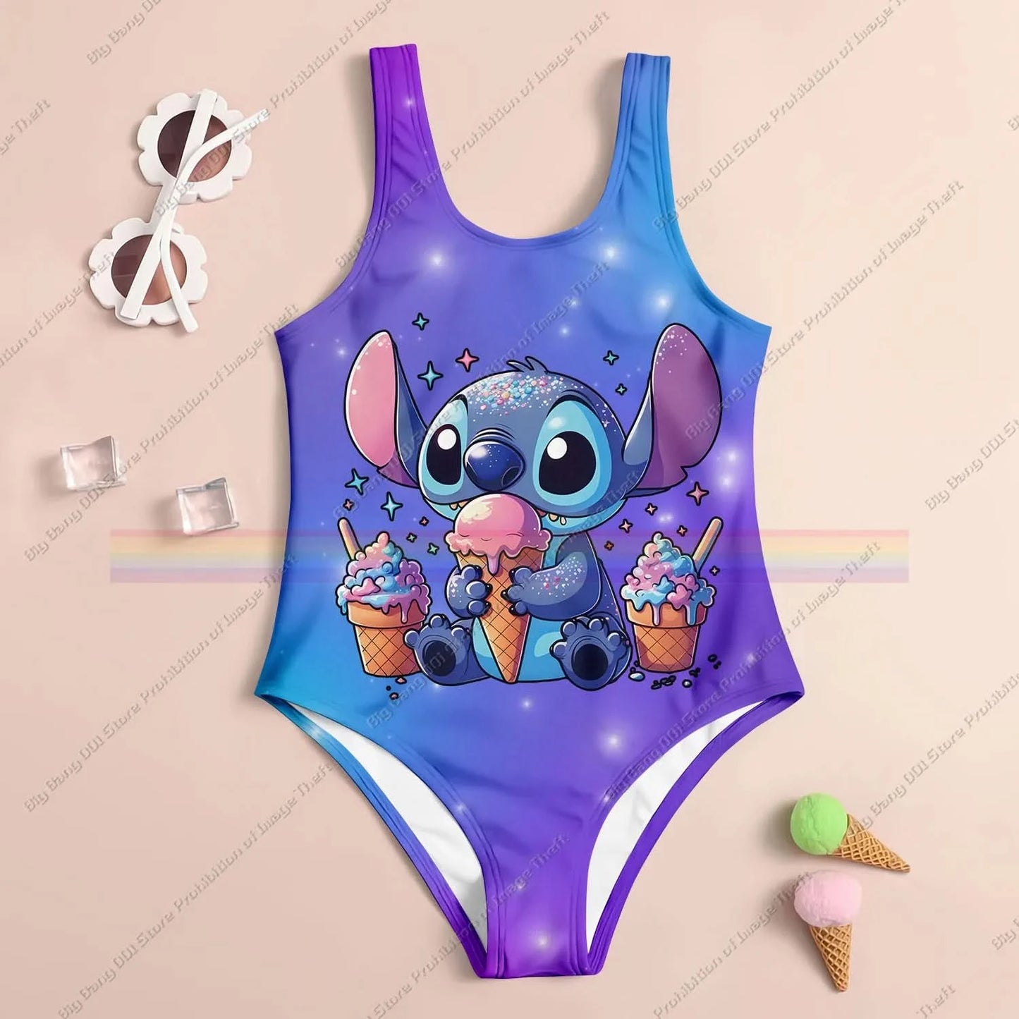 Stitch Cartoon Miniso 2025 Summer 3D Printing Kids Clothing Swimsuit Girls Boys Two Piece Bikini Set Beach Party Essential - M & M Global