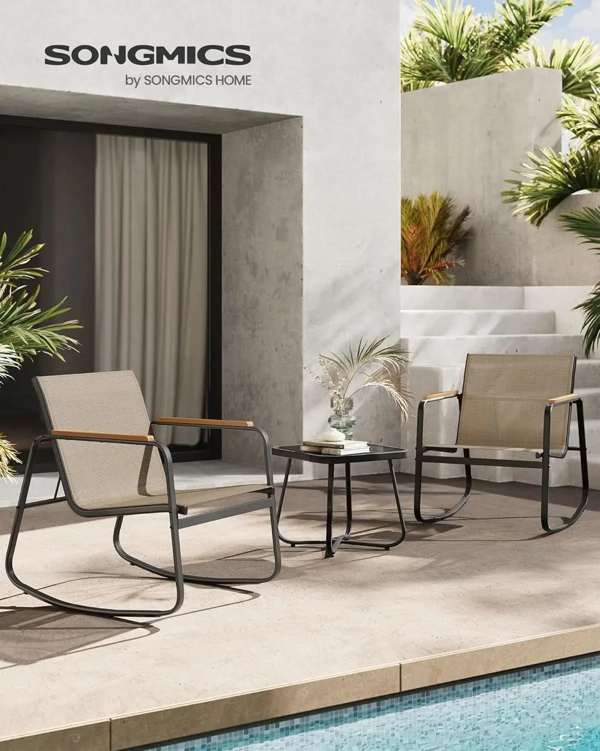 3-Piece Patio Set. Garden Conversation. 2 Rocking Chairs, Table. Steel Frame. Breathable Fabric. Yellowish Brown. UGGF0027K01.