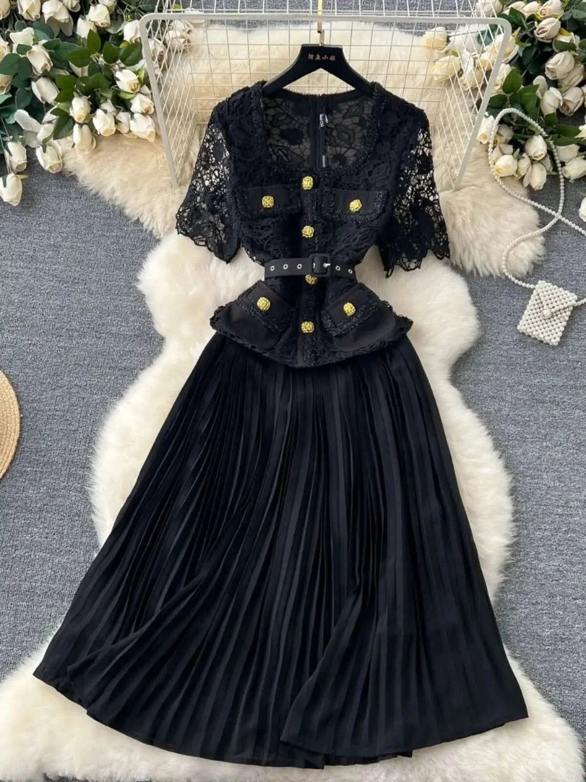 Designer 2025 Summer Pleated Chiffon Lace Long Dress Women Flower Embroidery Gold Button Belt Evening Party Dresses Wedding Robe - M & M Global