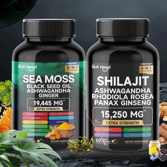Sea Moss and shilajit Bundle 120 capsules, with Seamoss, Black Seed Oil, Ashwagandha, Ginger, Burdock Root, Turmeric, Black Pepp - M & M Global