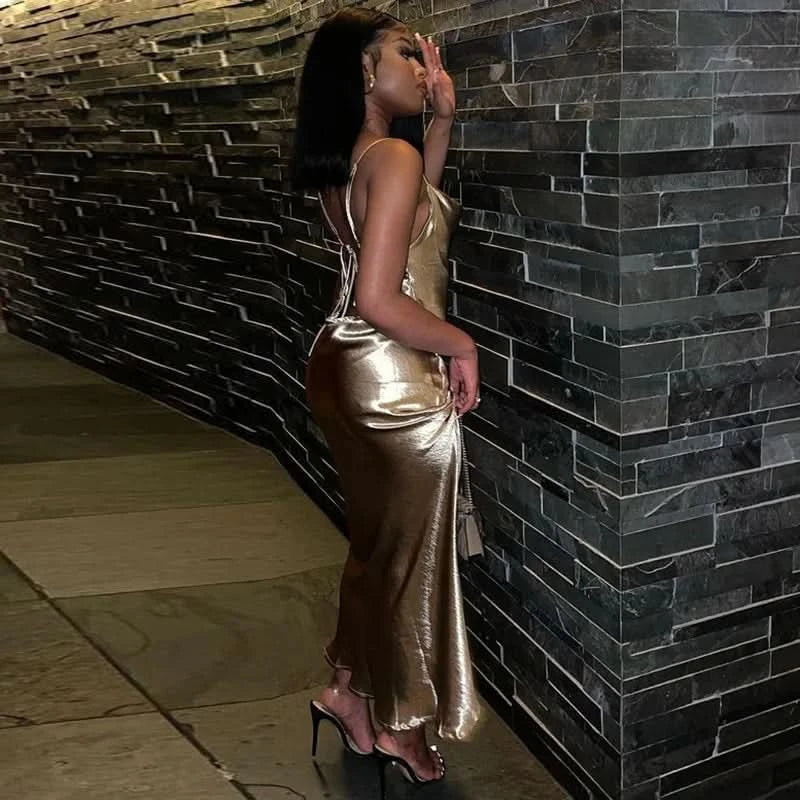 Sibybo Sexy Spaghetti Strap Backless Satin Dress Women Y2K Blue Lace Up Trumpet Long Dress Elegant Bodycon Party Dresses 2022 - M & M Global