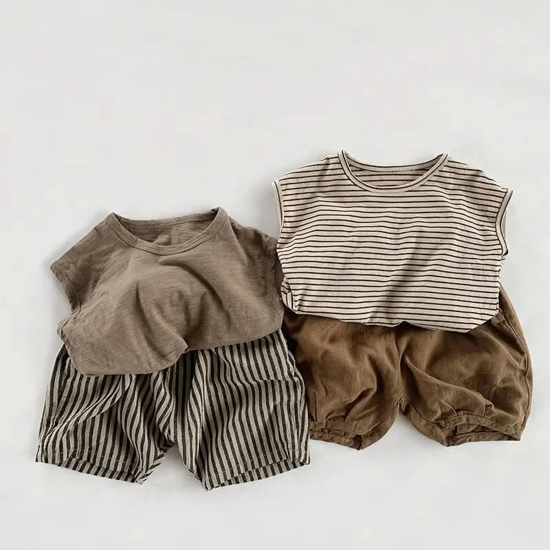 Summer Children Slub Cotton T Shirts Korean Fashion Toddler Kids Sleeveless Striped T-Shirts Baby Boys Casual Tank Tops 4 5 6 7Y - M & M Global