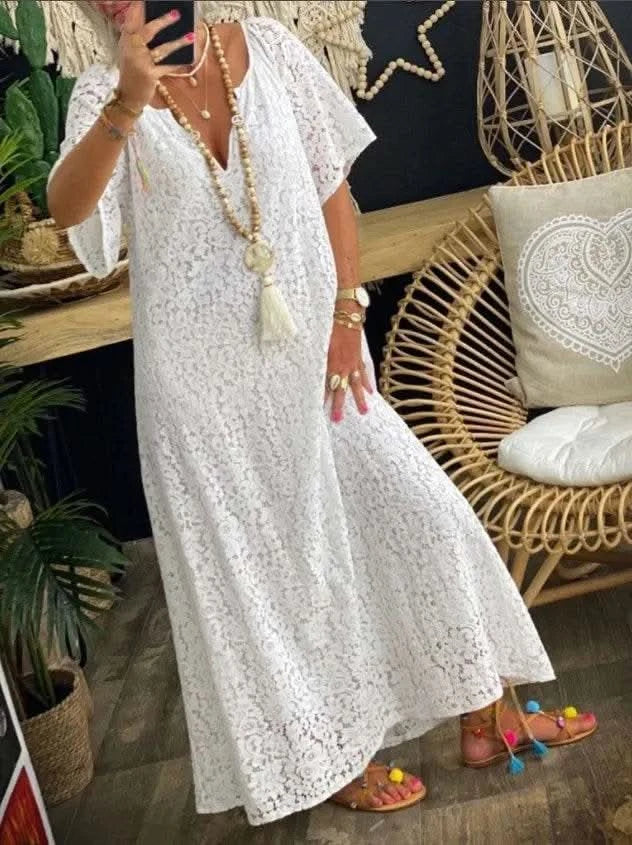2025 Spring Lace Women Long Dress White V-neck A-line Elegant Dresses Female Summer New Fashion Casual Beach Cloths Ladies - M & M Global