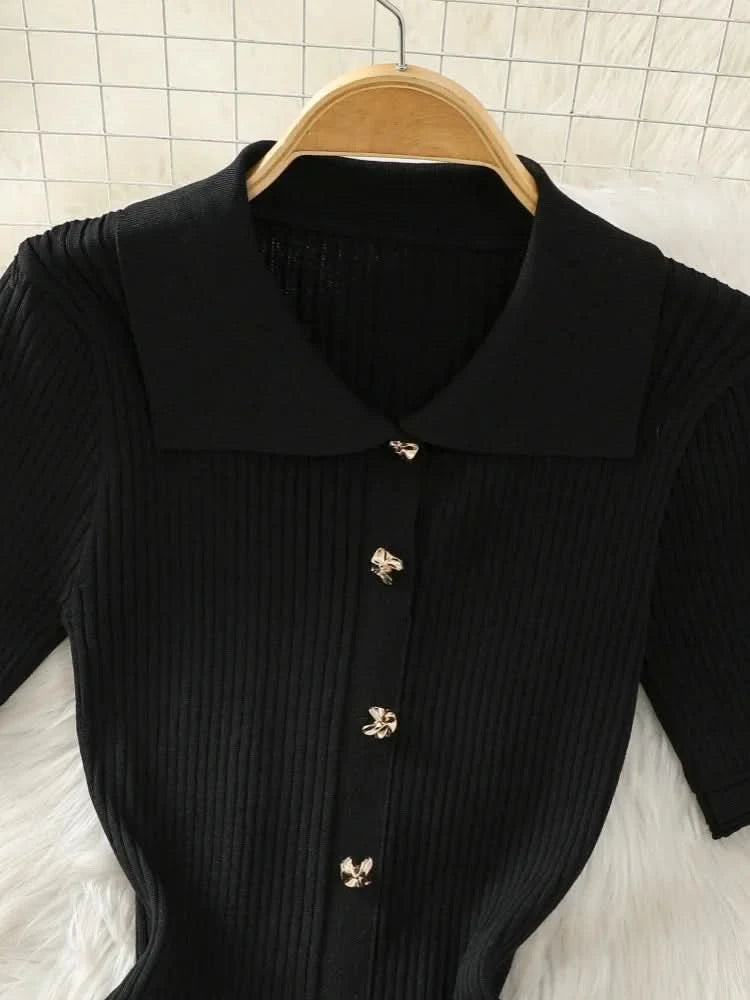Summer 2024 New Women's Black Beige Single Breasted Knitted Long Dress Green Elegant Office Lady Short Sleeve Pleated Dress Chic - M & M Global