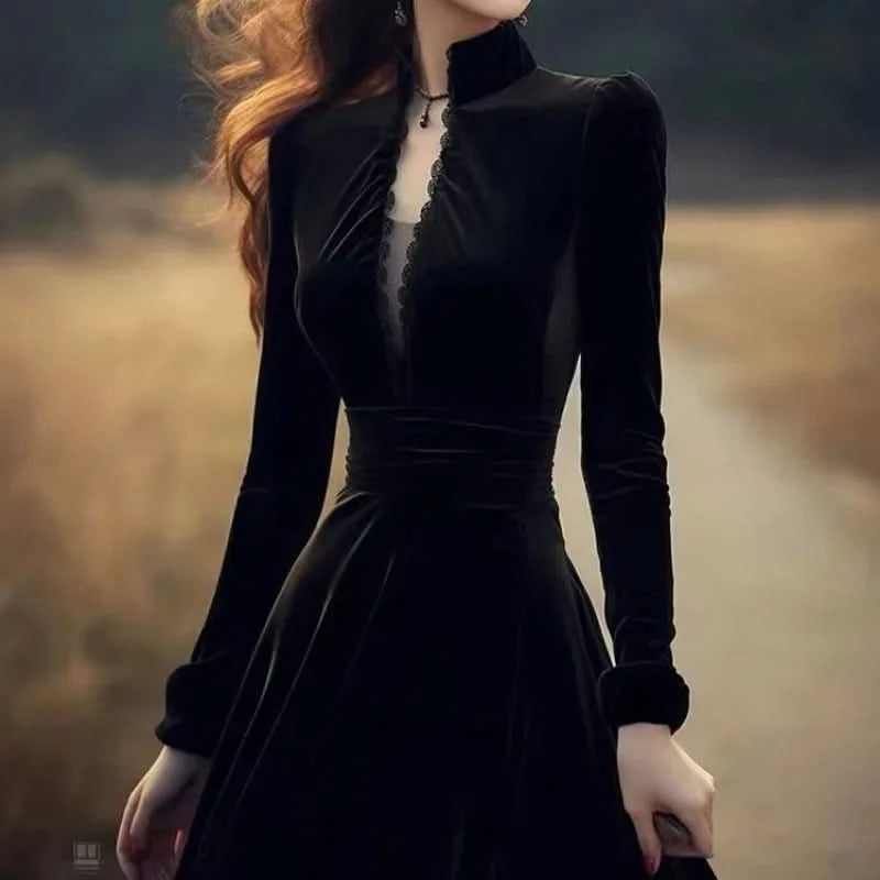 OCEANLOVE Autumn Winter Dresses for Women Hepburn Style Vintage Solid Black Vestidos Mujer Stand Collar Elegant Long Dress - M & M Global