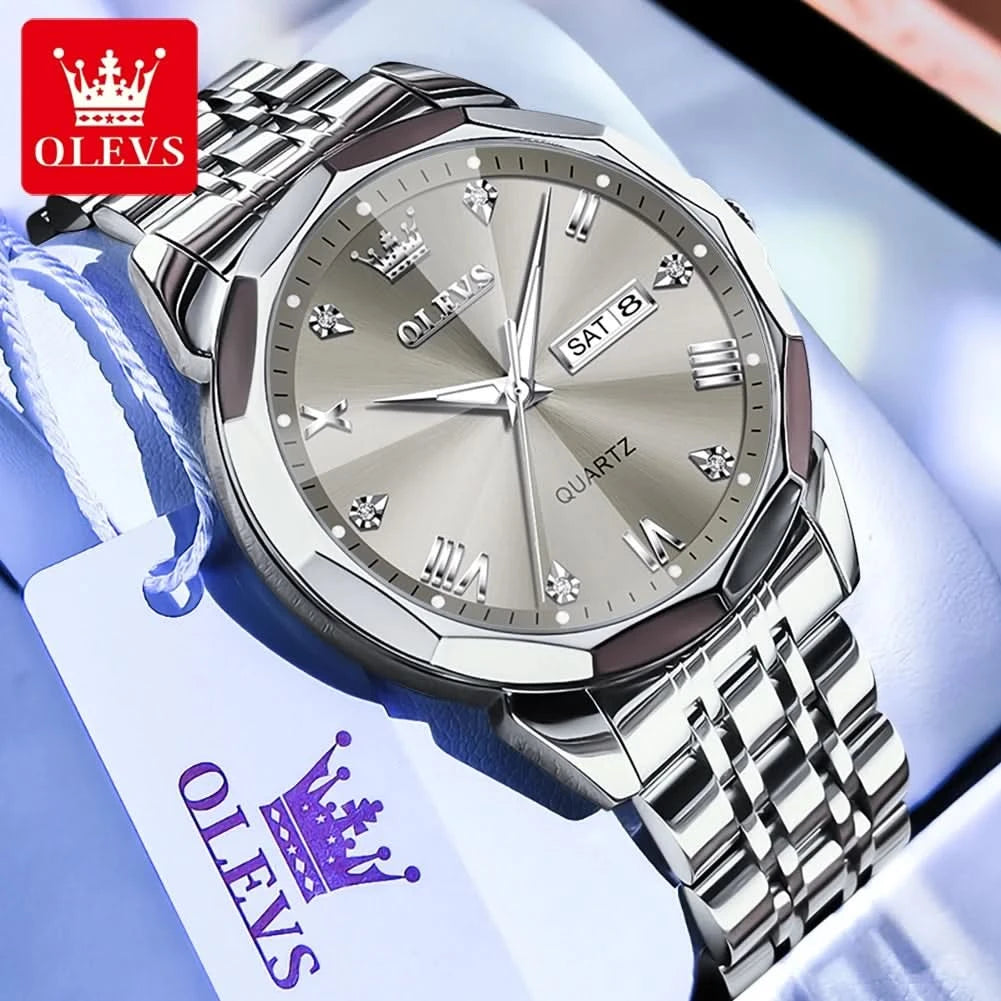 OLEVS Men's Watches Causal Fashion Original Quartz Watch for Man Waterproof Stainless Steel Luminous Date Week Trend Dress Reloj - M & M Global