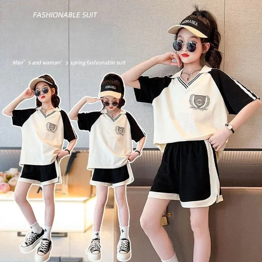 Summer Clothes Set for Children Girls Fashion V Neck T-shirts and Shorts 2pcs Suit Teenage Lapel Top Bottom Outfits Tracksuits - M & M Global