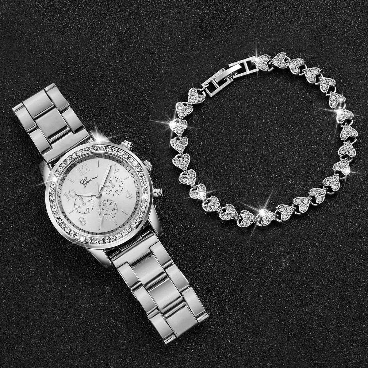 2PCS Women's Watch Fashion Rhinestone Ladies Analog Quartz Watches Bracelet Set Reloj Mujer Girls Clock Gift - M & M Global