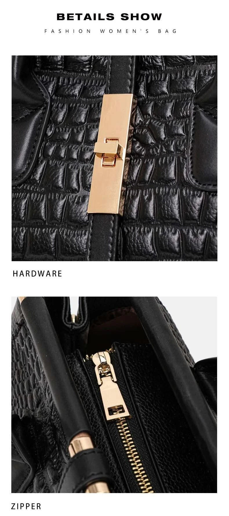 Aidrani Genuine leather women's handbag, fashion crocodile pattern design, high-end luxury cowhide bag large capacity - M & M Global