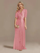 Luxury Pink Floor Length V-Neck Evening Dress 2025 Women Elegant Party Maxi Dress Sequin Short Sleeves Prom Cocktail Gowns